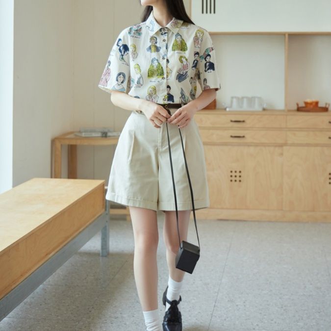 柄シャツ 乙女イラスト短袖総柄シャツ