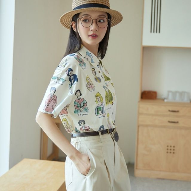 柄シャツ 乙女イラスト短袖総柄シャツ
