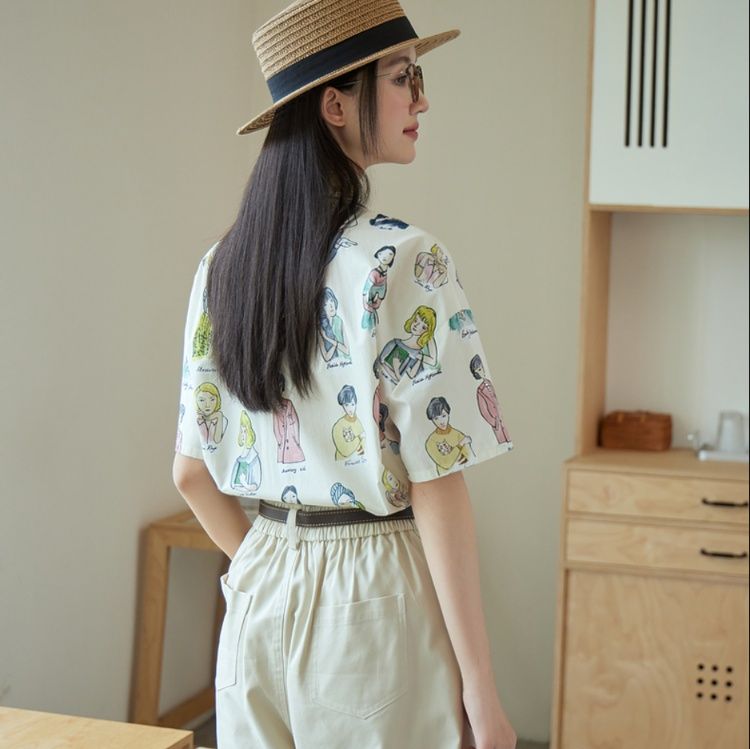 柄シャツ 乙女イラスト短袖総柄シャツ