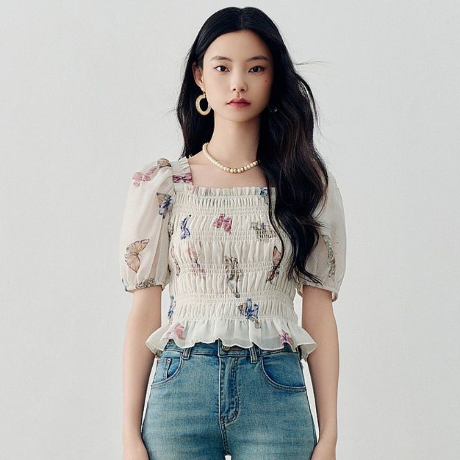 柄シャツ 柄シャツ 蝶々舞う夢見るシャーリングブラウス