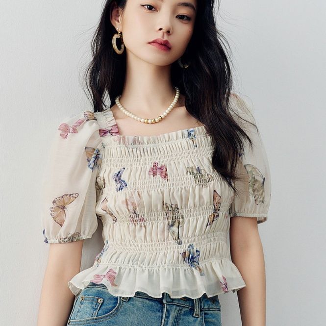 柄シャツ 柄シャツ 蝶々舞う夢見るシャーリングブラウス