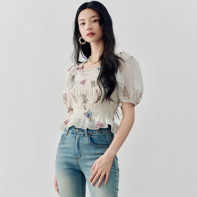 柄シャツ 柄シャツ 蝶々舞う夢見るシャーリングブラウス