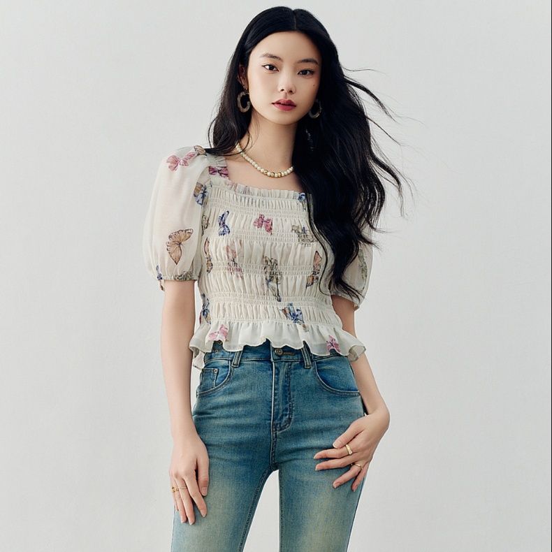 柄シャツ 柄シャツ 蝶々舞う夢見るシャーリングブラウス