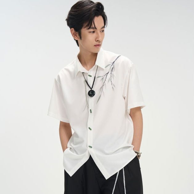 柄シャツ 柄シャツ 繊細枝模様 半袖シャツ
