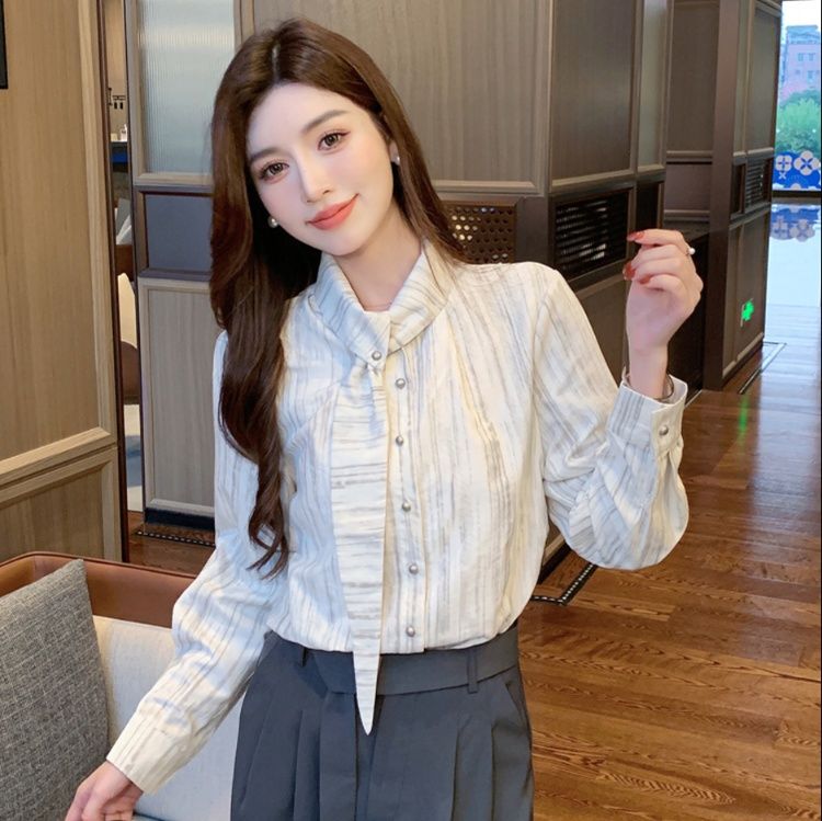 柄シャツ 柄シャツ 大理石風雅なリボン襟シャツ