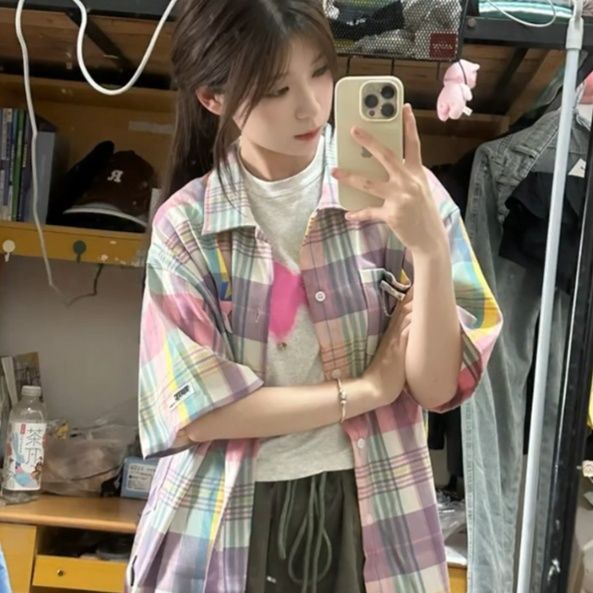 柄シャツ 柄シャツ 星空パステルチェック半袖シャツ