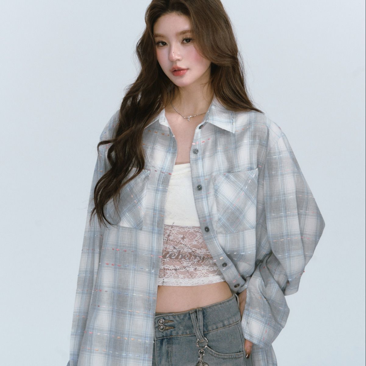 柄シャツ 柄シャツ 優美格子模様ゆったりシャツ