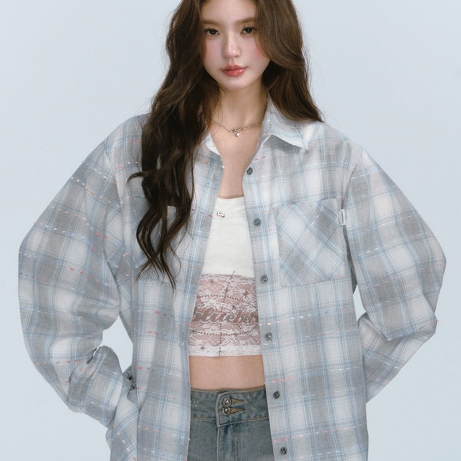 柄シャツ 柄シャツ 優美格子模様ゆったりシャツ