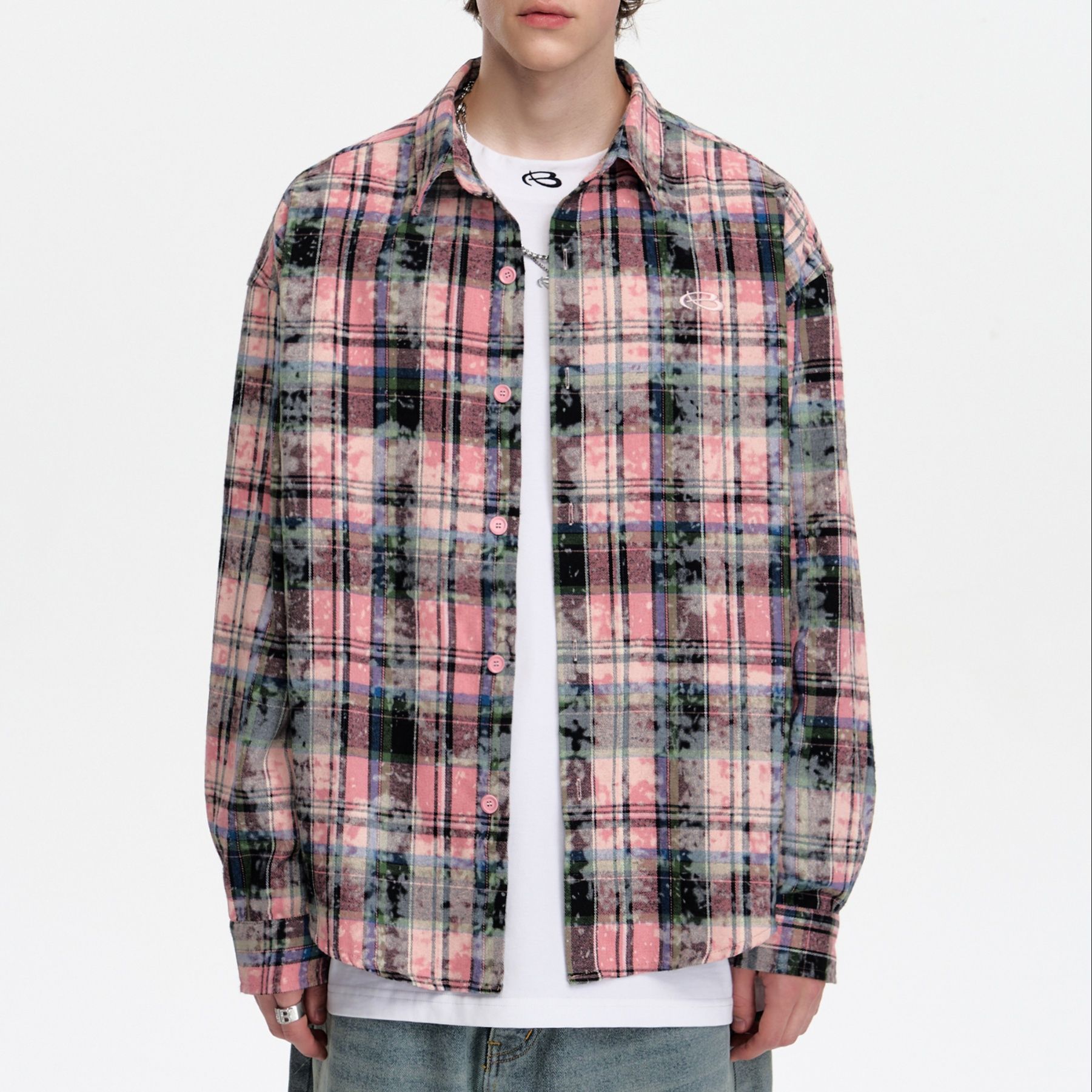 柄シャツ 柄シャツ ぼかし模様チェックオーバーシャツ