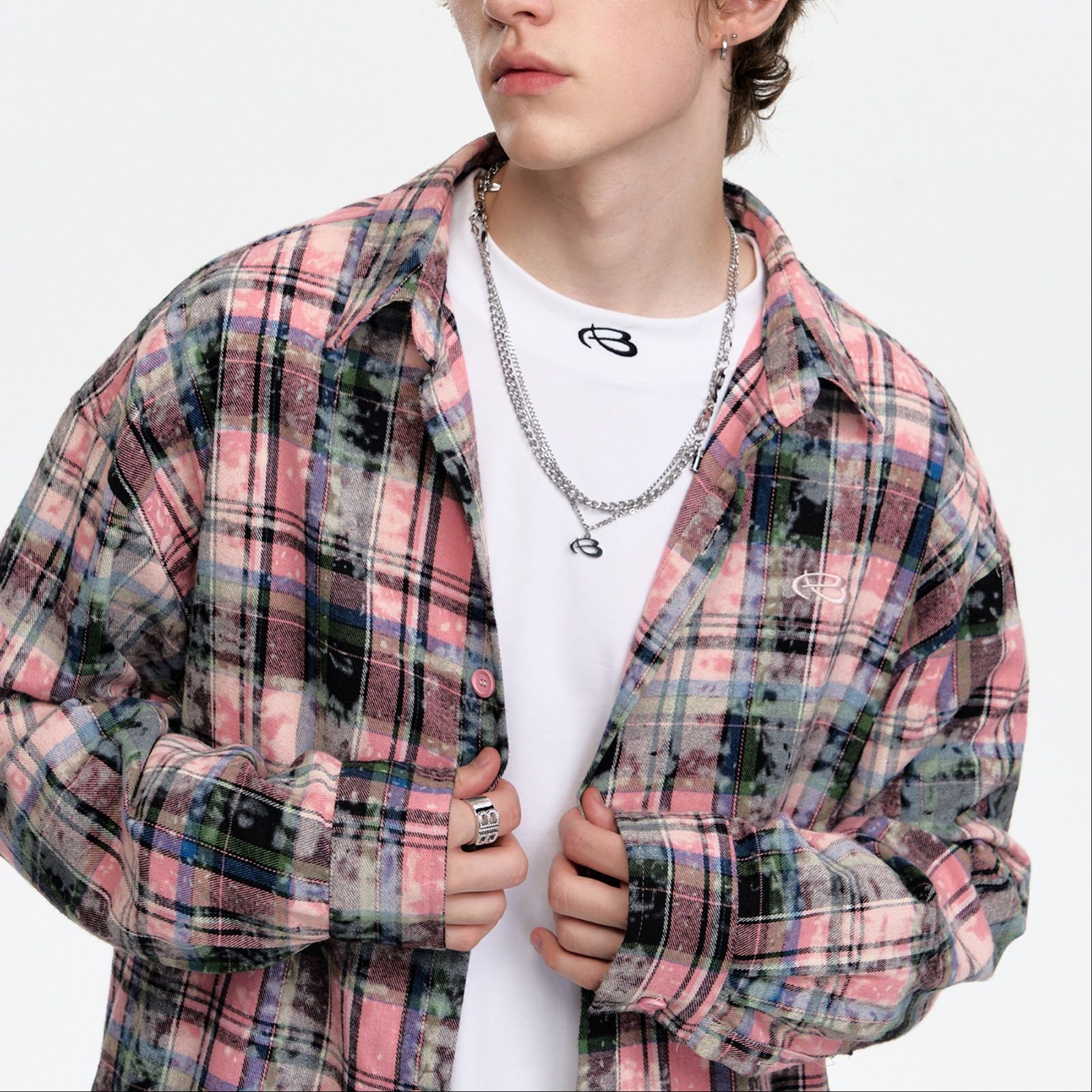 柄シャツ 柄シャツ ぼかし模様チェックオーバーシャツ