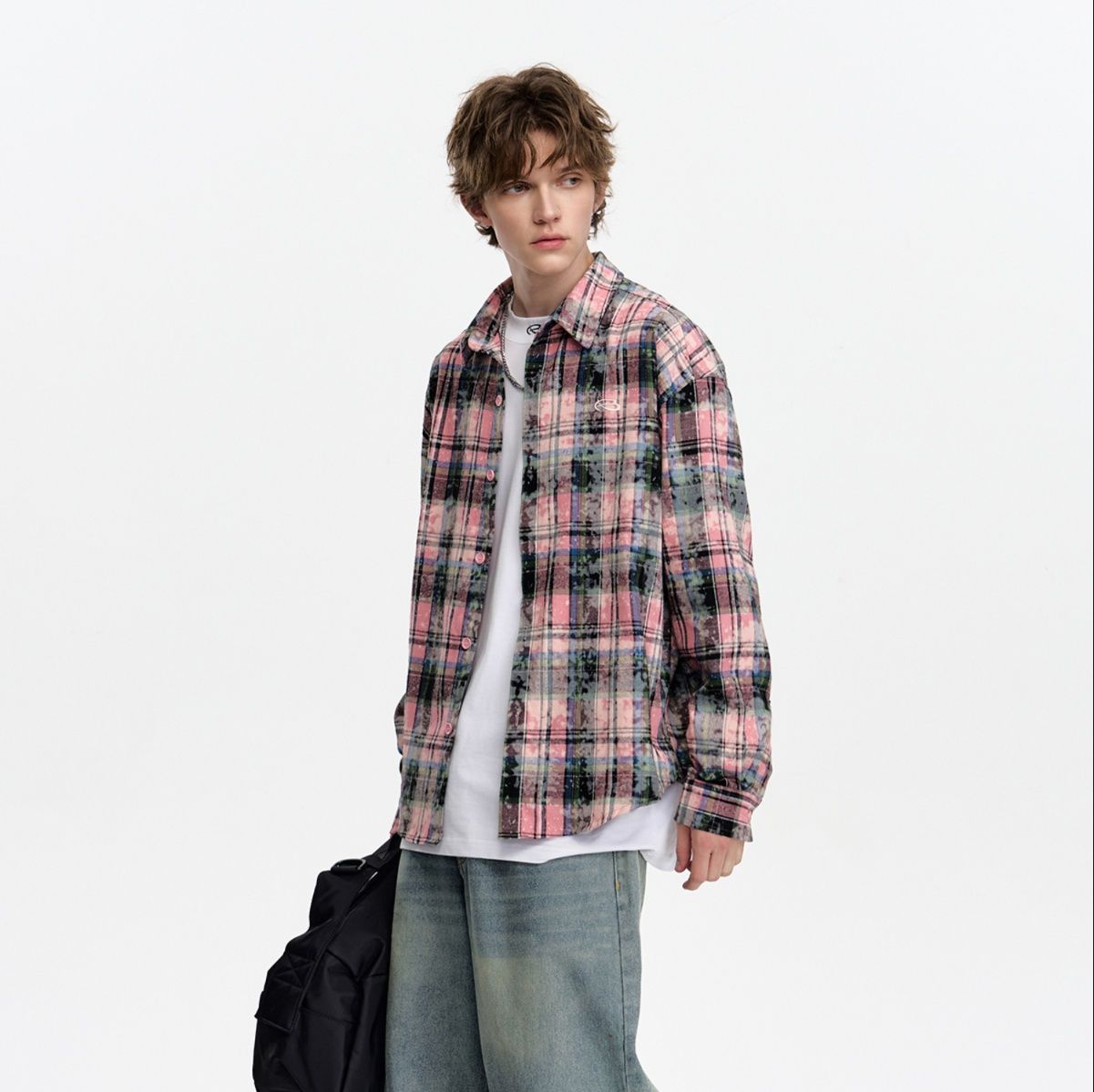 柄シャツ 柄シャツ ぼかし模様チェックオーバーシャツ