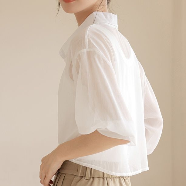 柄シャツ 透かし織り前結びショートシャツ