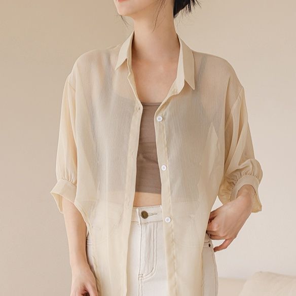 柄シャツ 透かし織り前結びショートシャツ
