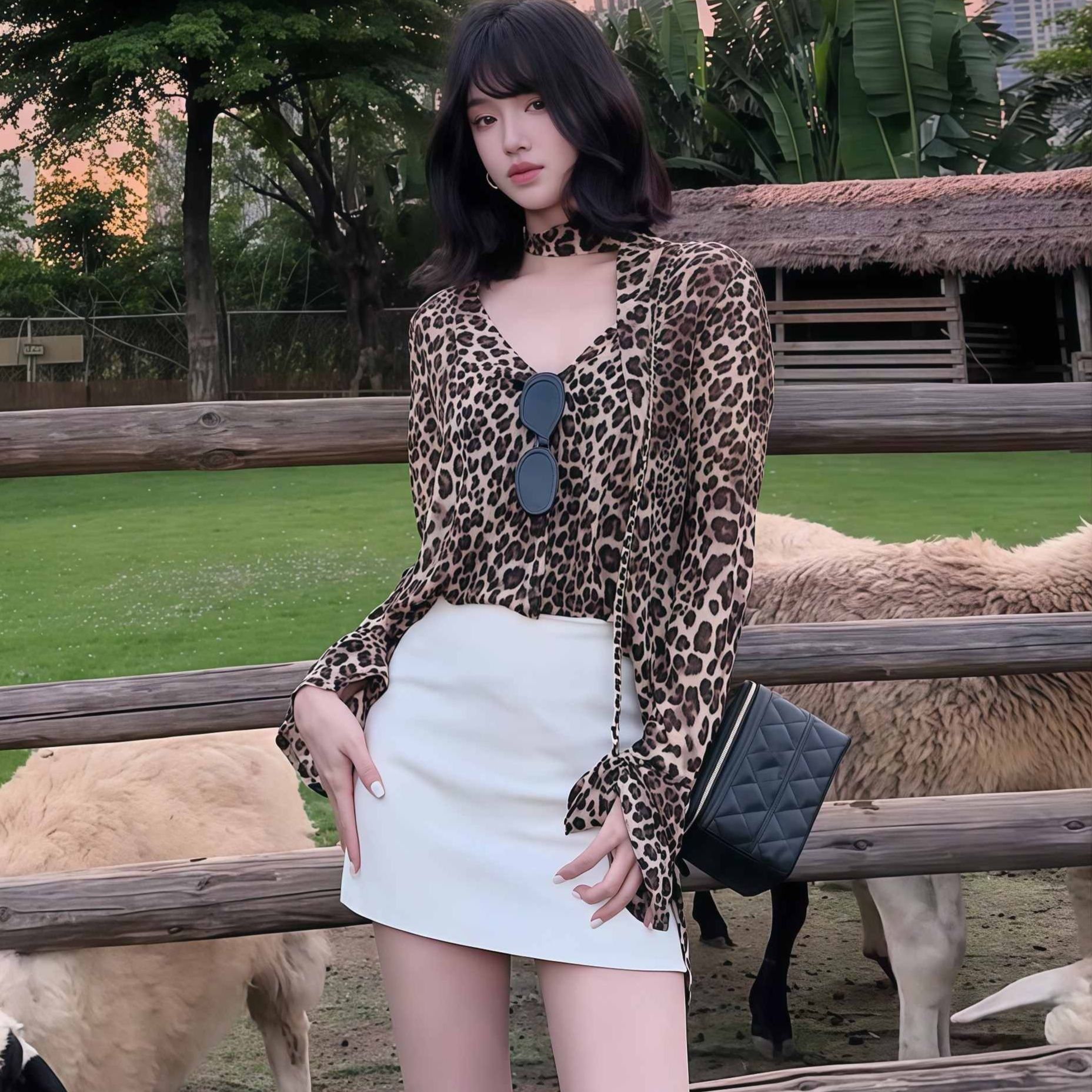 柄シャツ 野性の魅力 フレアスリーブヒョウ柄シャツ