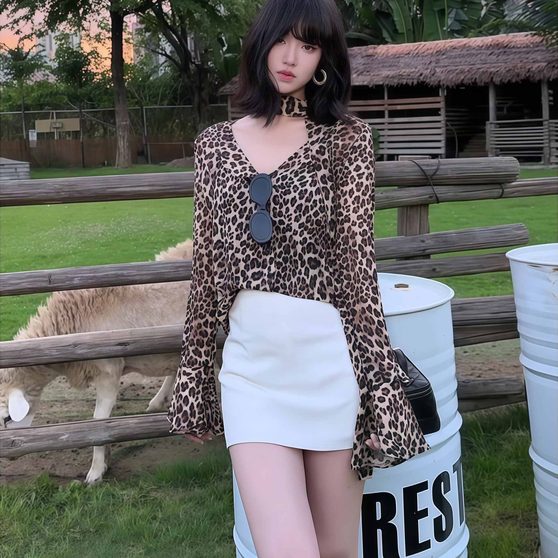 柄シャツ 野性の魅力 フレアスリーブヒョウ柄シャツ