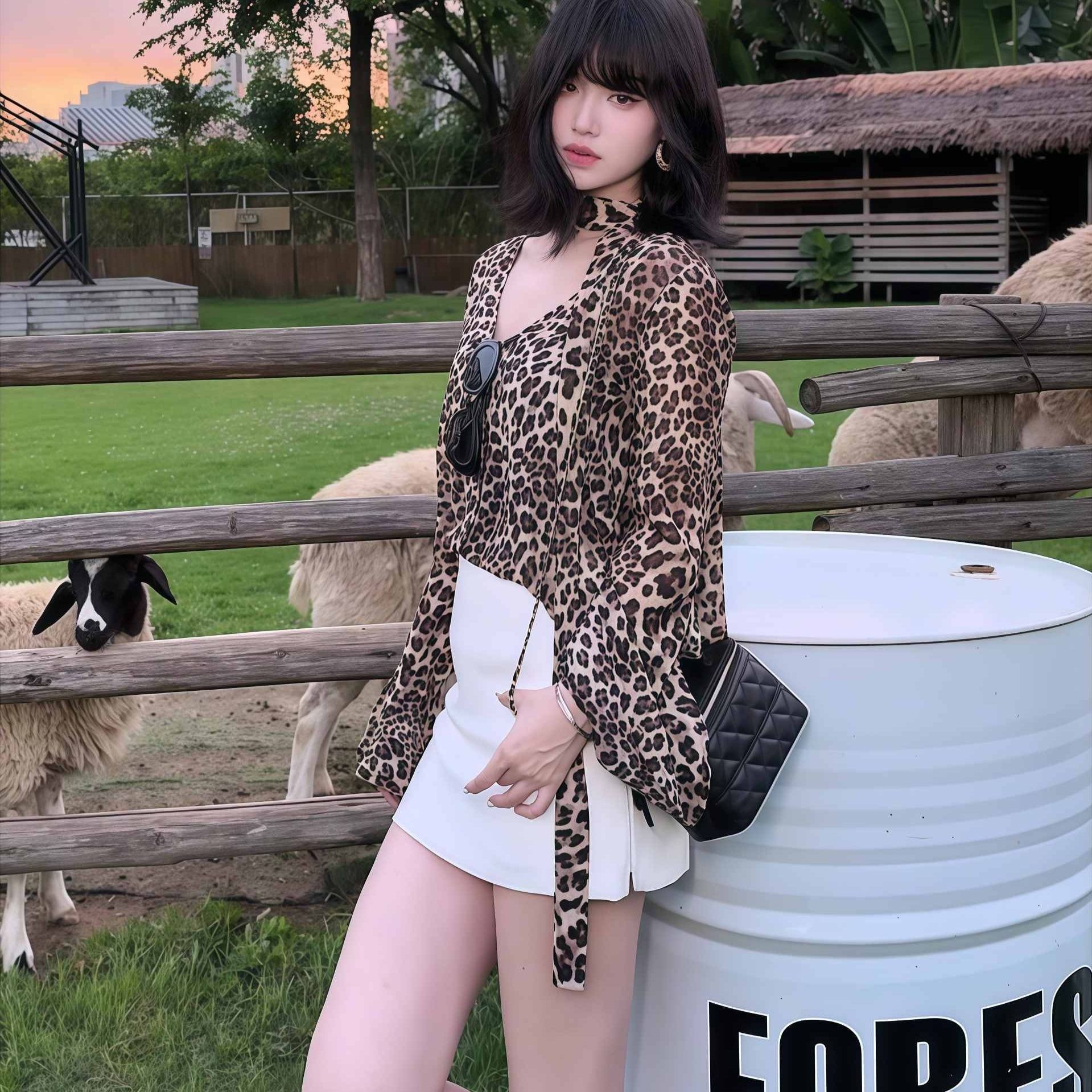 柄シャツ 野性の魅力 フレアスリーブヒョウ柄シャツ