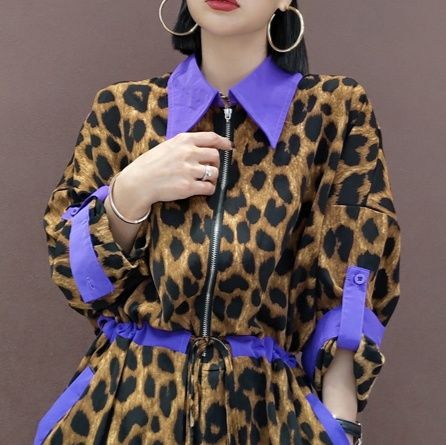柄シャツ 野性的魅力ヒョウ柄ジャンプスーツ