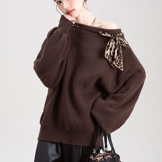 柄シャツ ヒョウ柄リボン付きニットプルオーバー