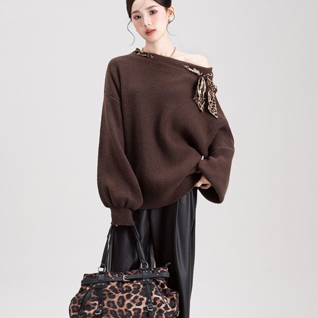 柄シャツ ヒョウ柄リボン付きニットプルオーバー