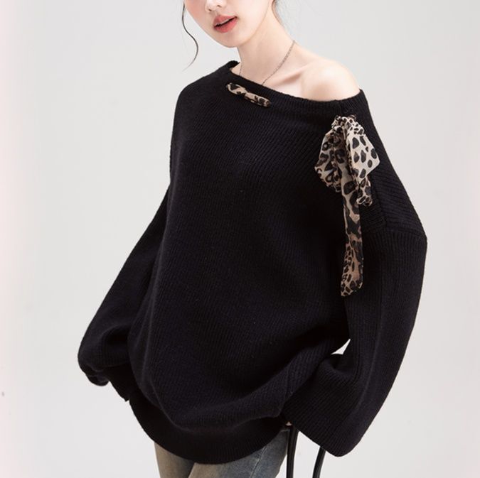 柄シャツ ヒョウ柄リボン付きニットプルオーバー