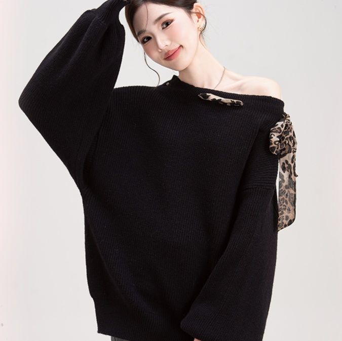 柄シャツ ヒョウ柄リボン付きニットプルオーバー