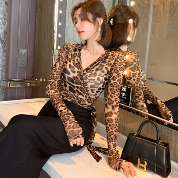 柄シャツ ラップスタイル ヒョウ柄カシュクール