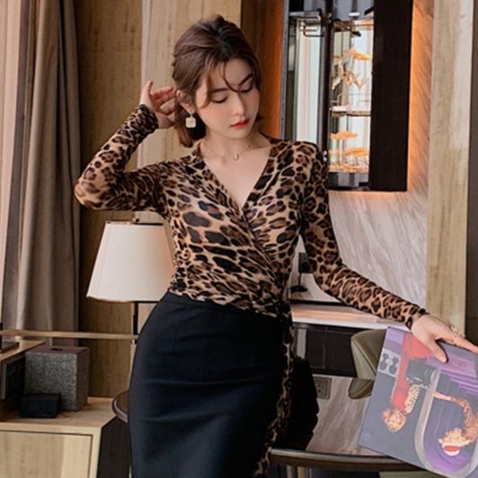 柄シャツ ラップスタイル ヒョウ柄カシュクール