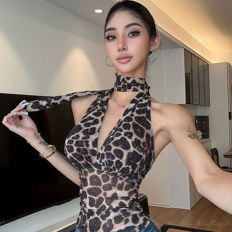 柄シャツ 優美ネックホルターヒョウ柄トップス