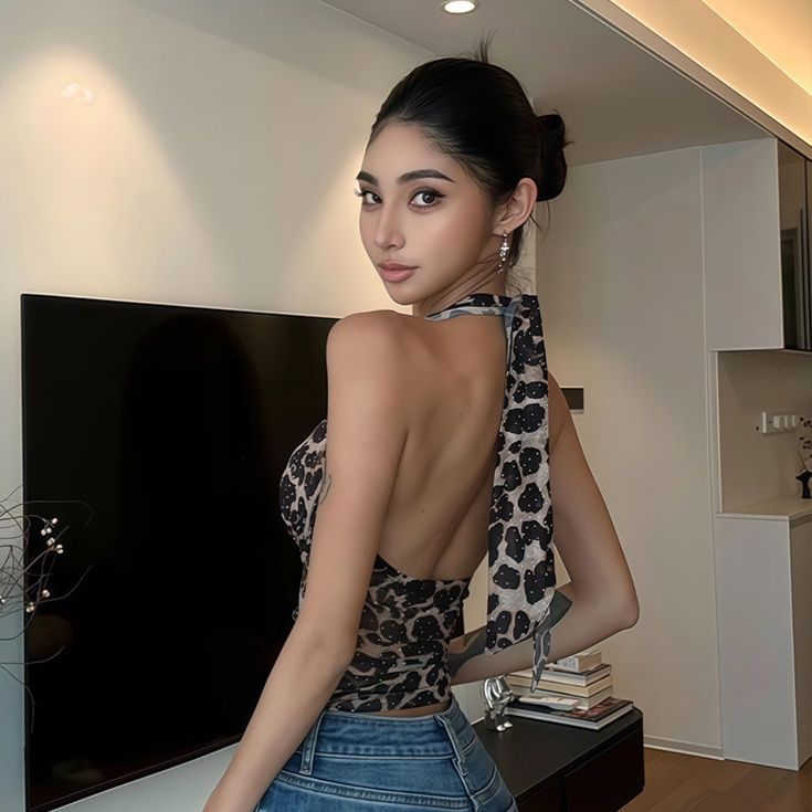 柄シャツ 優美ネックホルターヒョウ柄トップス