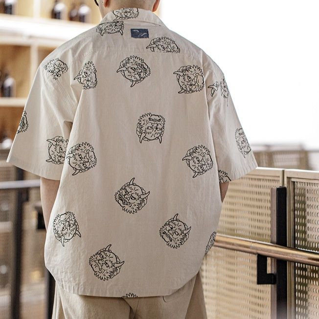 柄シャツ 獅子頭線画模様 半袖開襟シャツ