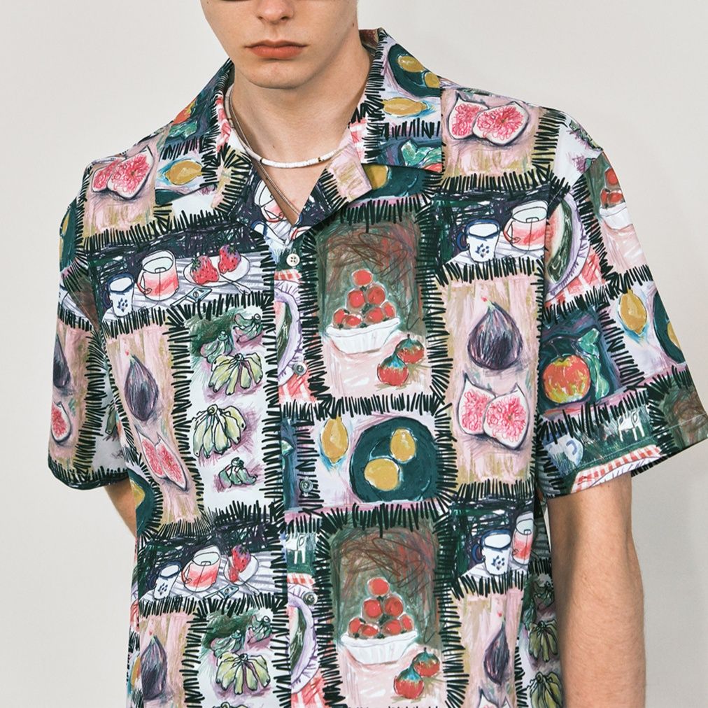 柄シャツ フルーツマーケット 絵画風総柄シャツ