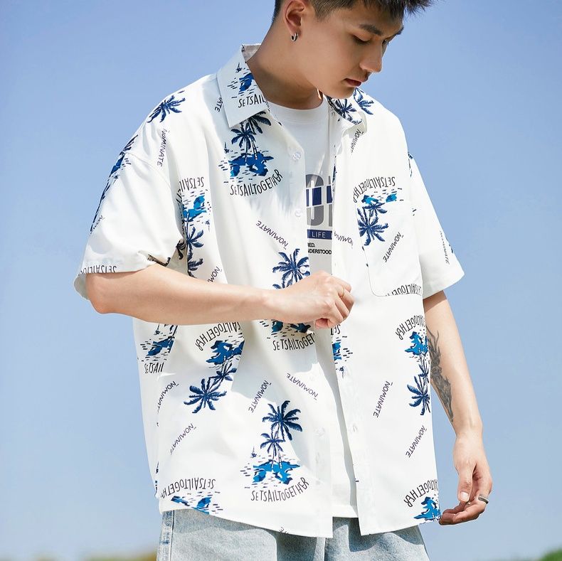 柄シャツ 南国やしの木プリント半袖シャツ