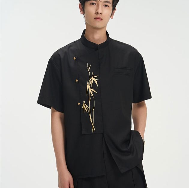 柄シャツ 竹刺繍入り立襟スタイリッシュシャツ