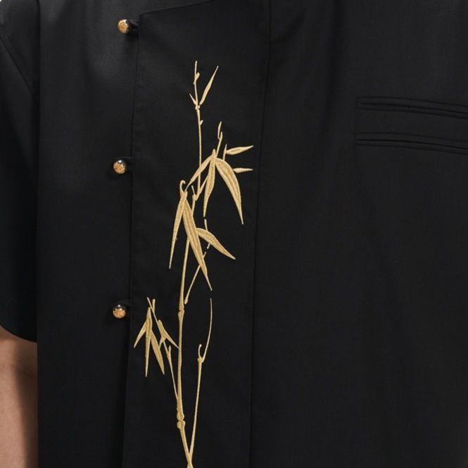 柄シャツ 竹刺繍入り立襟スタイリッシュシャツ