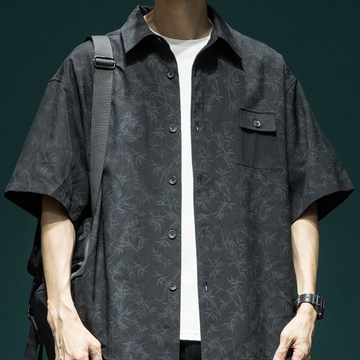 柄シャツ 竹模様プリントオーバーサイズシャツ