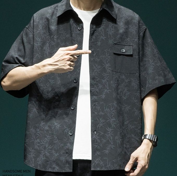 柄シャツ 竹模様プリントオーバーサイズシャツ