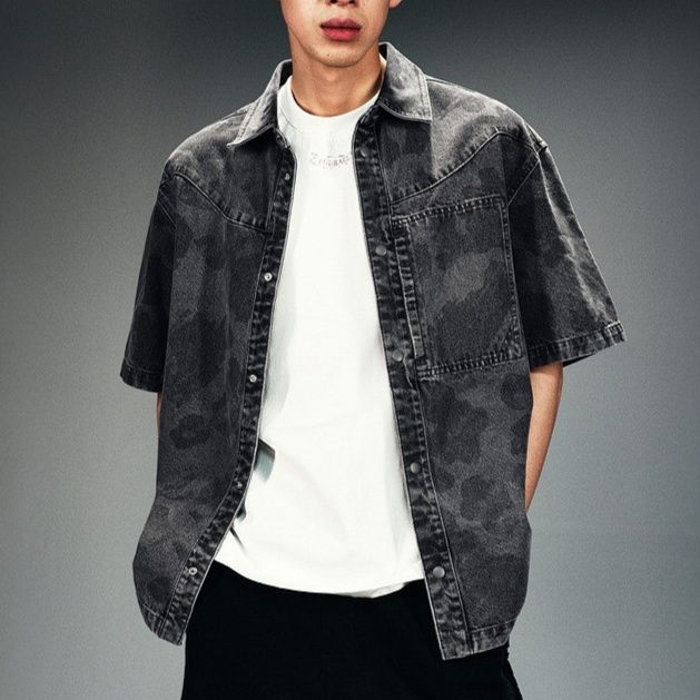 柄シャツ ヴィンテージ風デニム半袖シャツ