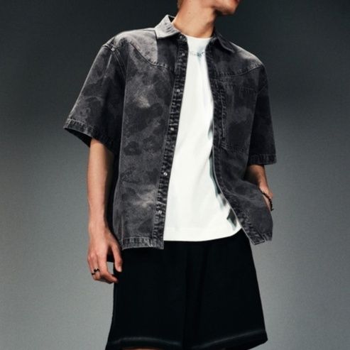 柄シャツ ヴィンテージ風デニム半袖シャツ