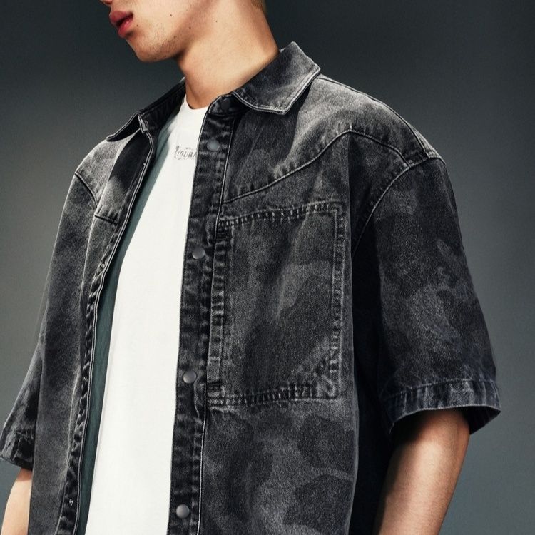 柄シャツ ヴィンテージ風デニム半袖シャツ