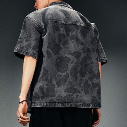 柄シャツ ヴィンテージ風デニム半袖シャツ