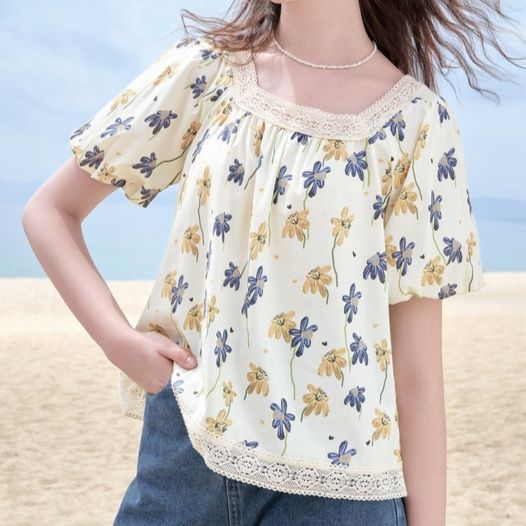 柄シャツ 優美な花園 スクエアネック袖口ブラウス