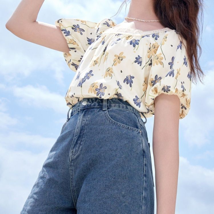 柄シャツ 優美な花園 スクエアネック袖口ブラウス