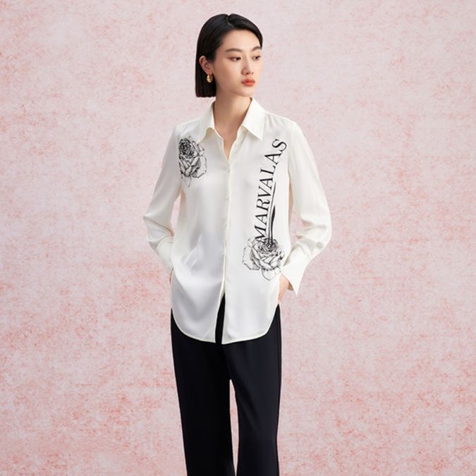 柄シャツ 優美バラ模様プリント長袖シャツ