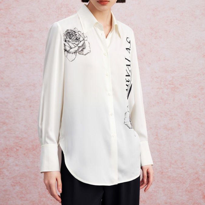 柄シャツ 優美バラ模様プリント長袖シャツ