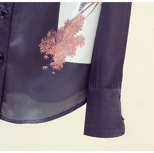 柄シャツ 花舞う枝模様シルクブラウス