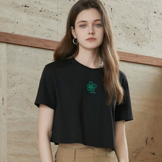 柄シャツ 花モチーフ刺繍クロップド丈シャツ