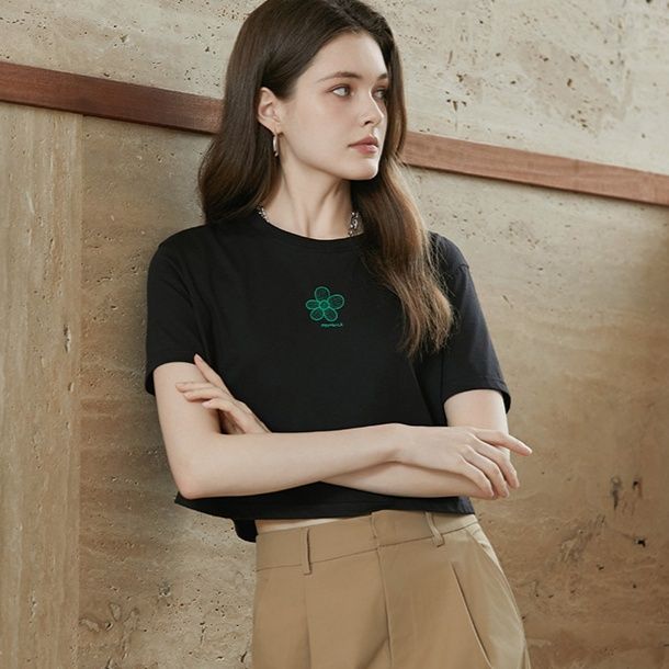 柄シャツ 花モチーフ刺繍クロップド丈シャツ
