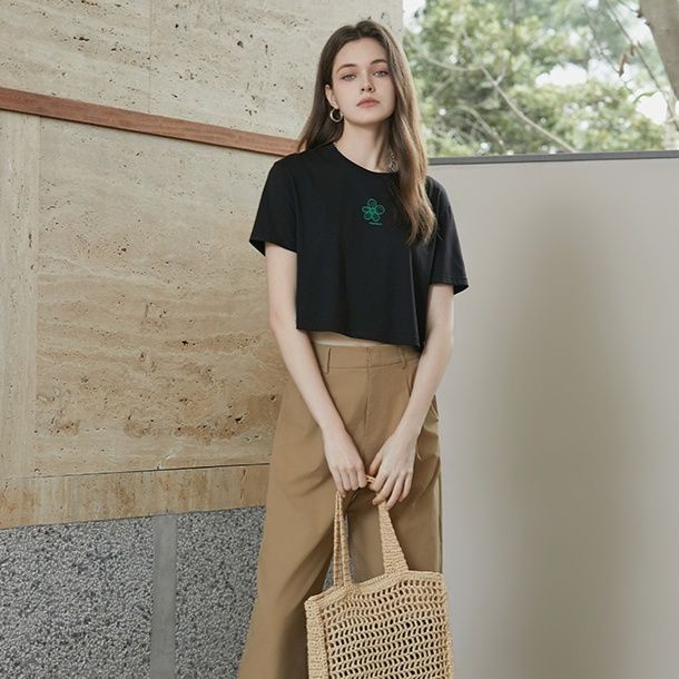柄シャツ 花モチーフ刺繍クロップド丈シャツ