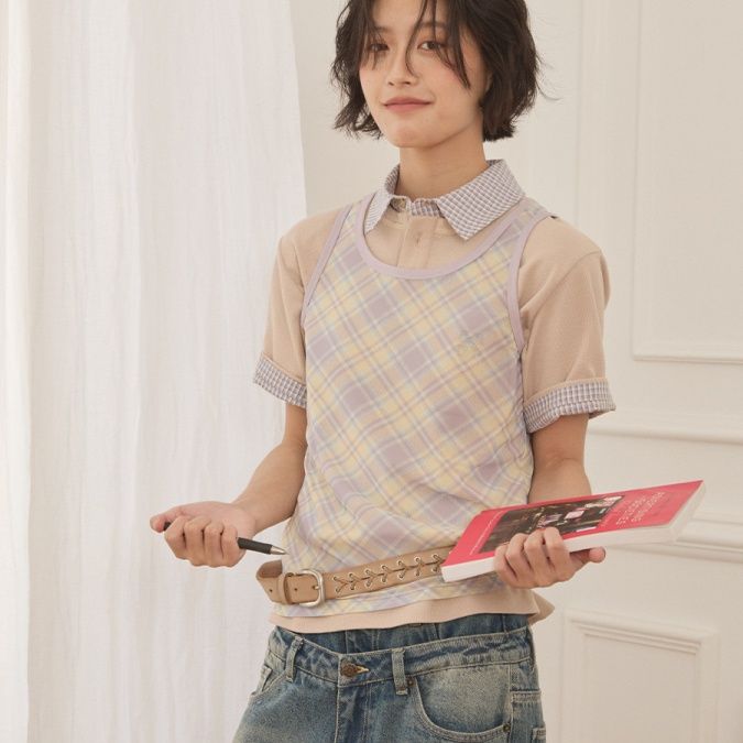 柄シャツ 格子襟切替ポロシャツ