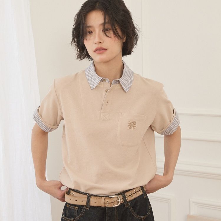 柄シャツ 格子襟切替ポロシャツ